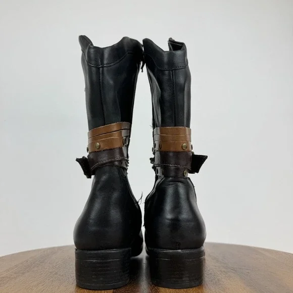 Womens Sandro Moscoloni Robin Belted Black Leather Cowboy Boots Size 7 M GUC - Picture 7 of 9